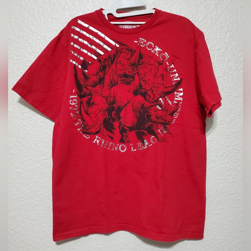 Ecko Unltd. Red Silver Rhino Graphic Retro Shirt Top Men's Size Large